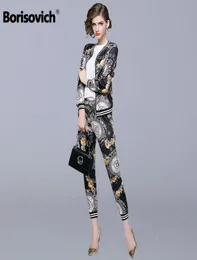 Borisovich 2 조각 세트 여성 캐주얼 정장 New Brand 2018 가을 패션 빈티지 인쇄 여성 재킷 및 anklelength 바지 N137215484