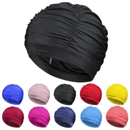 Ny solid färg Långt hår Kvinnor Män Simning Pool Seaside Water Sports Elastic Pleated Nylon Fabric Bathing Swimming Caps Hat Turban YQ240119