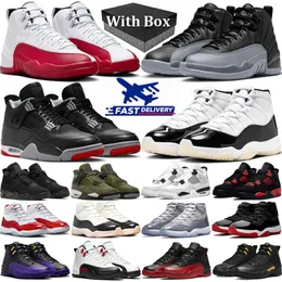 with Box 12 4 11 Basketball Shoes Men Women 12s Cherry Black Wolf Grey 4s Bred Reimagined Medium Olive 11s Gratitude Mens Trainers Sports Sneakers