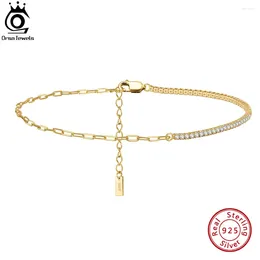 Tornozeleiras Orsa Jóias 925 Sterling Silver Paperclip Chains Tênis para Mulheres Verão Cubic Zirconia Foot Chain Gold Jewelry SA21