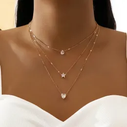 Charm zirkon kalp yıldızı katmanlı kolye 14K Sarı Altın Kolye Kadınlar için Kristal Rhinestone Vintage Bohemian Basit Gerilim Yakası Takı