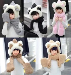 Unisex kızlar Beanies Cap Set Set Baby Çocuklar 3pcs Sevimli Kulak Yay Eşarp Şapka Eldiven Setleri Pazen Çocuklar Kış Sıcak Eşarplar ve SHAWL4486486