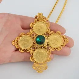 Äthiopisches Großes Kreuz Anhänger Halsketten Damen Herren 14k Gelbgold Schmuck Afrika Münzkreuz/Eritrea Habesha Halskette