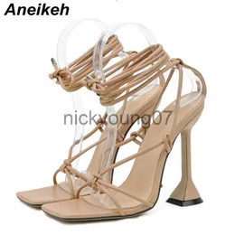 Sandali Aneikeh Moda Sandali con cinturino alla caviglia incrociato GLADIATOR Donna Scarpe da ballo di nozze Sexy Testa quadrata Stripper Tacchi Sandalia 2024 SummerJ240122