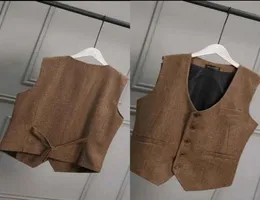 Brown Wool Tweed Groom Vests British Style Vintage Formal Groom039s Wear Suit Vest Men039s Wedding Tuxedo Waistcoat Plus Siz1148047