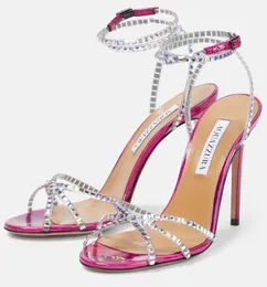 夏のブランドAquazzura Dance Plexi Sandals Shoes女性クリスタルエンベリッシュされたストラップスティレットヒールパーフェクトパーティー、ドレス、イブニングレディスリングバックEU35-43