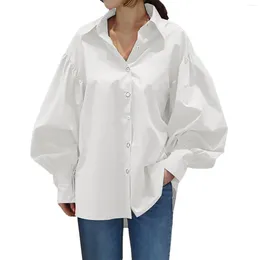 Blusas de mujer Camisas blancas para mujer Camisa holgada de gran tamaño con manga larga tipo farol para mujer Top de talla grande blusa informal con cuello vuelto de otoño