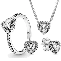 Cluster Rings 925 Sterling Silver Sparkling Elevated Heart Necklace Earring Ring With Crystal For Women Fashion DIY Gift Smycken Set