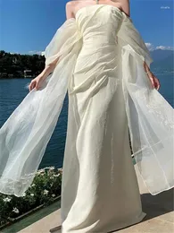 Casual Dresses 2024 Summer Fairy Long Dress Women Strapless Mesh Shawl Elegant Split Po Romantic Beach Wedding Slim Holiday Skirt