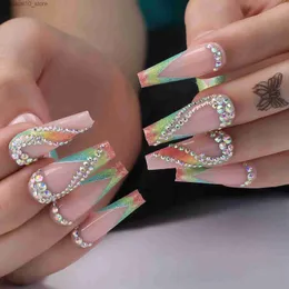 False Nails Luxury Heart Nude Press Nails Love Rhinestones Long Coffin Clear Fake Nails Glitter rainbow vortex Glossy False Nails Gift box Q240122