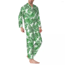 Erkekler palmiye palmtree, bahar tropikal bitkileri bırakır, gevşek büyük boy pijama set erkekler uzun kollu kawaii uyku tasarımı ev takım elbise