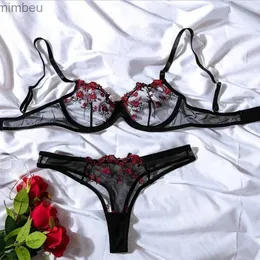 Conjunto sexy lingerie feminina sexy floral bordado roupa interior renda transparente curto cintura baixa kits doce delicado conjunto de sutiã de fadas 2 peçasl240122