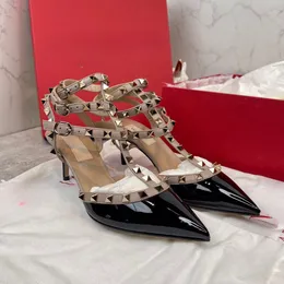 High Heels Designer Brand Rivets Sandals 6cm 8cm 10cm 10cm Leather Cheel Thin Thin Asported toes Black Nude Gold Three Belts Summer Summer مع حقيبة الغبار 34-44