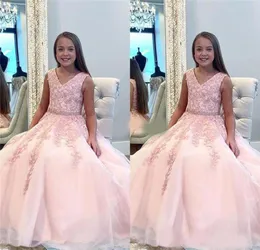 أنيقة Pink Girl039S Pageant Dresses Vneck Lace Severiques Alline Flower Girls Dresses Cheap Kids Prom Vestidos 7518608