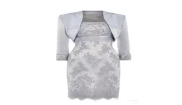 Resmi Gümüş Gelin Elbiseleri Ceket Sapırları Dantel Boncuklu Saten Diz Uzunluk Anne Damat Kapalı Damatlar Akşam Giyim1488764