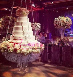 Okrągły kryształowy żyrandol stojak na ciasto wiszące z kryształowym stolikiem z koralikami do dekoracji ślubnej3241964