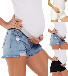 Kvinnor Maternity Elastic Band Jeans Solid Color Ripped Denim Shorts Botts9780863