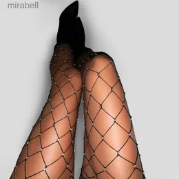 Meias Meias Sexy Mulheres Strass Fishnet Meias Meias De Cristal Preto Branco Grande Maior Malha Diamante Glitter Meia-calça Sexy Meias YQ240122