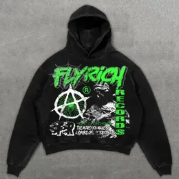 アメリカンレトロミイラフライはリッチなヴィンテージグラフィックプリントフード付きスウェットシャツY2K Hiphop Harajuku Gothic Pullover Hooded Men Wear 240118を着る