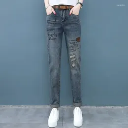 Women's Jeans With Holes Embroidered High Waist S Pockets Trousers Torn Pants For Woman Ripped Blue Pant In Grunge Y2k A