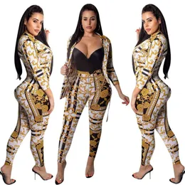 2024 Ny Opulent 2 Piece Blazer Set Woman Office Suits Elegant V Neck Long Sleeve Blazer Long Pants Geometry Print Two Piece Suits For Women Set Letterg