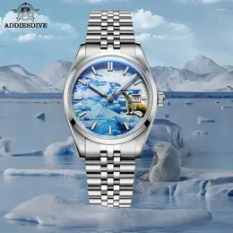 Orologi da polso Addies Dive Orologio meccanico automatico originale Resistente all'acqua Quadrante ghiacciaio Specchio a bolle Vetro Calendario Orologi da uomo luminosi