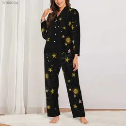 Feminino sleep lounge sol design abstrato conjuntos de pijama lua e estrelas impressão bonito pijamas senhora manga longa casual solto lazer 2 peças nightwearl240122