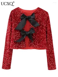 Women's Jackets UCXQ Fashion European All-match Bow Tie Up Sequin Long Sleeve Top Beautiful Coat 2024 Spring Summer 23A7224