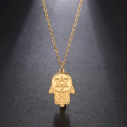 Hamsa Hand Star of David Pendant Necklace Women 14k Yellow Gold Color Amulet Neck Chain Choker Israel Jewish Jewelry