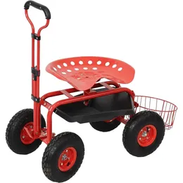 Garden Cart Rolling Scooter har utdragbart styrhandtag vagnsvridningssäte och verktygsverktygsbricka Red Push Dolly 240122