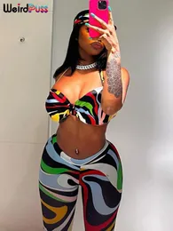 Capris estranho puss impressão colorida 2 peça conjunto feminino verão halter sem costas envoltório topos + leggings combinando streetwear sexy roupas de festa