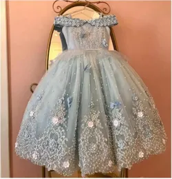 2022 Cute Light Sky Blue Girls Pageant Dresses Princess Tulle Lace Appliques Pearls Kids Flower Girl Dress Ball Gown Birthday Gown6348231