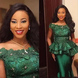 2024 Nigéria Estilo Rendas Peplumn Vestidos de Noite Turquia 3D Flora Apliques Frisados Esmeralda Verde Ocasião Formal Vestidos de Prom Party Wear