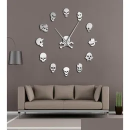 Relógios de parede diferentes cabeças de skl diy horror arte nt relógio grande agulha frameless zumbi grande relógio decoração de halloween drop entrega home ga dhhxp