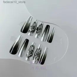 False Nails Handmade Wearable Fake Long Coffin Black Silver Gradient Halloween Style Reusable Artifical Charm Art Design Butterfly Decorate Q240122