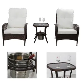 3 Pieces Patio Furniture Sets, Outdoor Wicker Conversation Bistro Set with Soft Cushion, Glass Table with Ice Bucket, All Weather Outdoor Patio Porch Furniture Sets