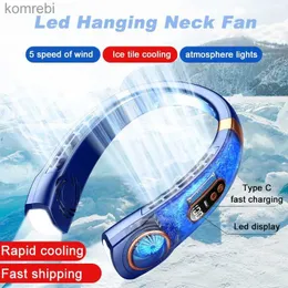 Electric Fans Portable Neck Fan USB Handheld Mute LED Digital Display 5 Speed Hanging Neck Mini Electric Cold FanL240122