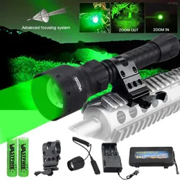 손전등 6000LUMEN T50 Green Light E2 LED 전술 사냥 손전등 18650 배터리 토치 램프 랜턴 충전 라이플 스코프 마운트 240122