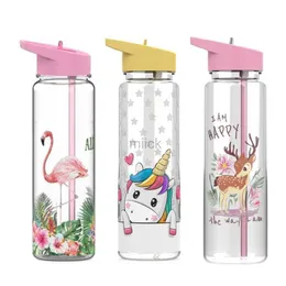 Garrafa de água 750ml / 25oz 100% Tritan Sports Outdoor Straw Water Bottle com Flamingos Unicorn Printing My Drink Juice Handle Straw Kettle 240122