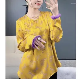Women's Blouses 2024 Autumn/Winter Chinese Style Diagonal Flap Button Top Precision Jacquard O-Neck Long Sleeve Woman Shirt S-XL