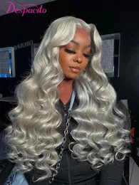 baby hair Grey Colored HD Transparent Lace Frontal Wig 30 Inch Gray Body Wave Lace Front Human Hair Wigs for Women Brazilian Wigs