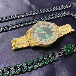 Altro 3 pezzi da uomo e da donna, lo stesso calendario hip-hop, collana di lusso, bracciale, set di gioielli, quadrante verde brillante, catena cubana di diamanti YQ240122