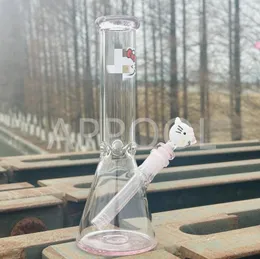 Herstellung von 10,5 Zoll HELLO Pink Kitty Bong, 14 mm männlicher Glasbongkopf mit dicken Shishaköpfen, Wasserpfeifen für Dab Rigs