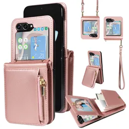 Luxury crossbody dragkedja flip telefonfodral för Samsung Galaxy Folding Z Flip5 5G RFID Blockering av armband Flera kortplatser Läderplånbokskedjan Kickstand Fold Shell