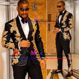 Jackets Black Men Suits with Gold Embroidery Appliqued Two Pieces Shawl Lapel Designer Men Wedding Suit Tuxedos Jacket Pants Blazer Sets