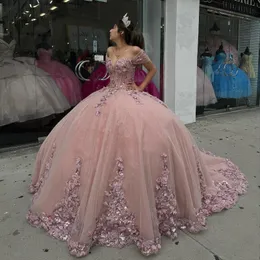 الوردي الفاخر قبالة الكتف الكتف فساتين quinceanera الكرة ثوب الدانتيل زهرة حبات حلوة 16 فستان الحفل الفساتين الدانتيل فيديس دي 15