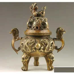الفنون والحرف الصينية القديم المصنوع يدويًا تماثيل التنين الأسد اللامب البرونزي البخور الموقد