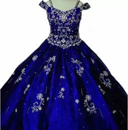 Günstige neue königsblaue Ballkleid-Festzug-Kleider für Mädchen, schulterfrei, Kristallperlen, Prinzessin, Tüll, geschwollene Kinder, Blumenmädchen-Geburtstag 6317092