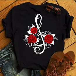 Women's T Shirts 2024 Summer Round Neck Casual Clothes Red Flower Print T-Shirt Female Harajuku Cute Graphic Tops Shirt Lady Girls