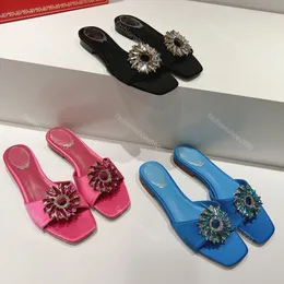 Rene Caovilla Slipper Designer Slides Slides Women Satin Sun عباد الشمس الكريستال moccasins Flip Flops Summer Beach Top Top-Quality مع Box 10A 34-43